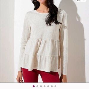 LOFT Cream Speckled Tiered Peplum Long Sleeve Top Small